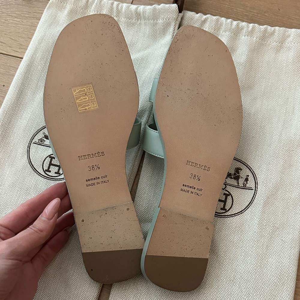 HERMES Oran Mint Green Slide Sandals 38.5 - Picture 10 of 11